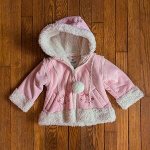 OshKosh 12M Pink Faux Suede Fur Hooded Embroidered Jacket
